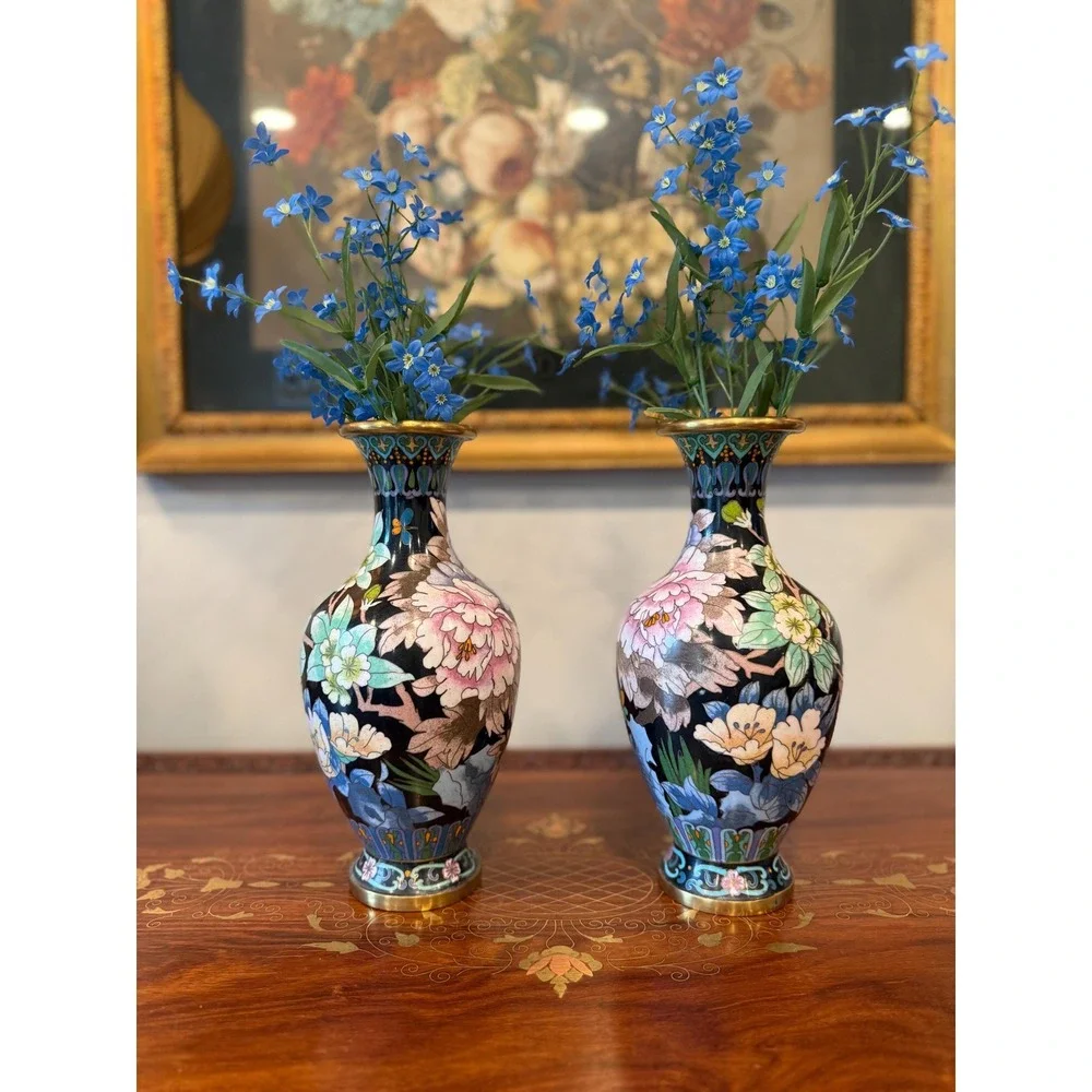 Vintage Cloisonné Peony Vase Pair‎ - 10.25